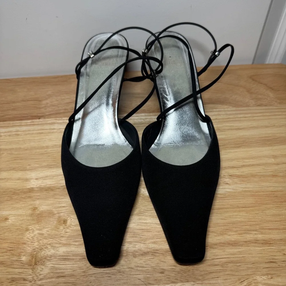 Stuart Weitzman Black Satin Pointed Toe Kitten Heels Rhinestone Straps Womens 8M